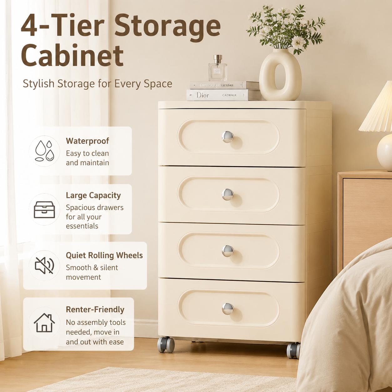 Baby Nursery Storage - 4-Drawer Rectangle Rolling Storage Cabinet-Rack -