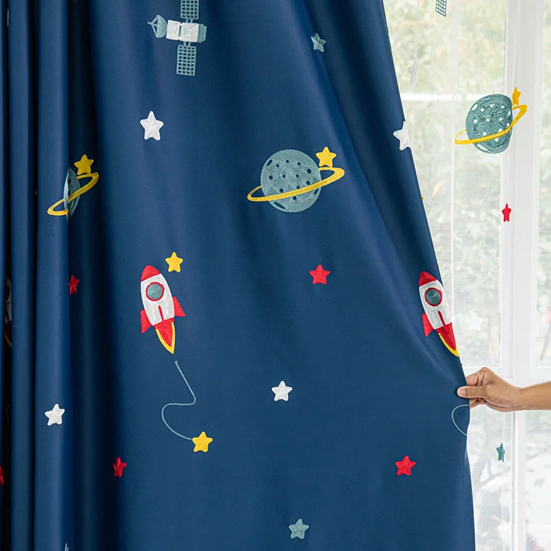 Navy Blue Cartoon Rocket Space - Blackout Curtain Nursery 评论和价格