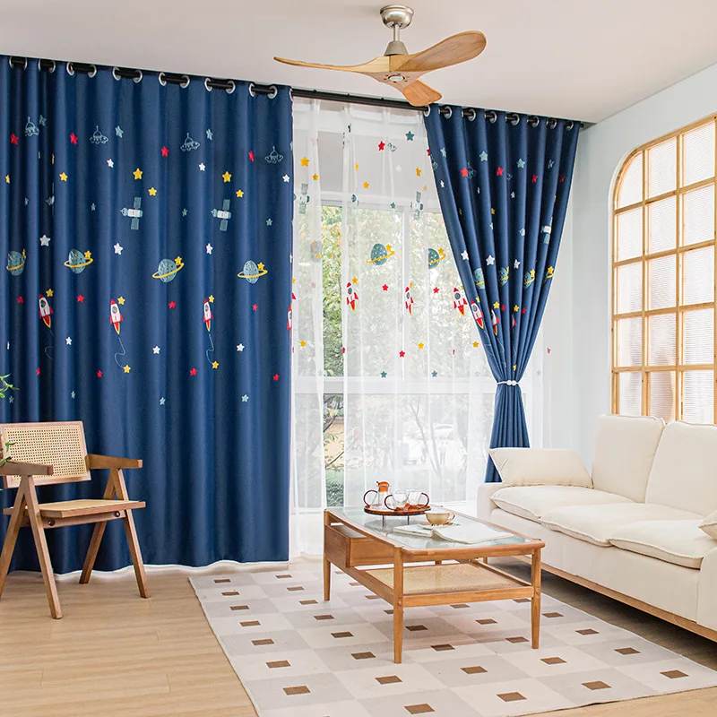 Navy Blue Cartoon Rocket Space - Blackout Curtain Nursery 评论和价格
