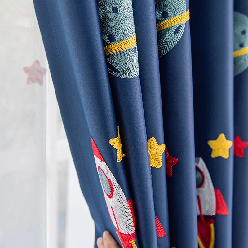 Navy Blue Cartoon Rocket Space - Blackout Curtain Nursery 评论和价格