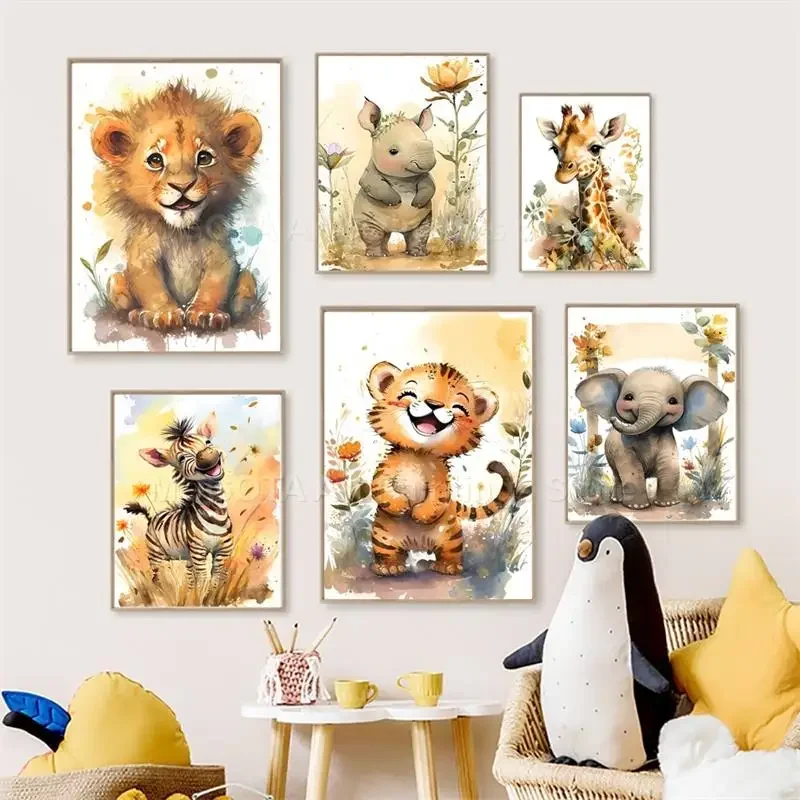 Watercolor Lion Giraffe Tiger  - Animals Baby Nursery 评论和价格