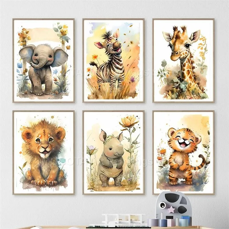 Watercolor Lion Giraffe Tiger  - Animals Baby Nursery 评论和价格