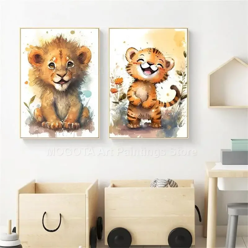 Watercolor Lion Giraffe Tiger  - Animals Baby Nursery 评论和价格